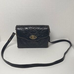 VINTAGE Joo Kay Hand Tooled Black Leather Handbag‎ Crossbody Western Satchel